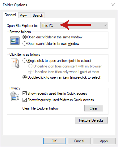 how to set file explorer to open âthis pcâ instead of âquick